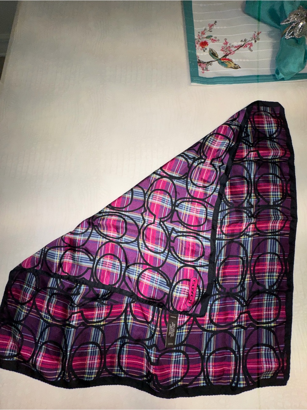 Coach Purple Plaid Silk Square Scarf - Women's Accessory